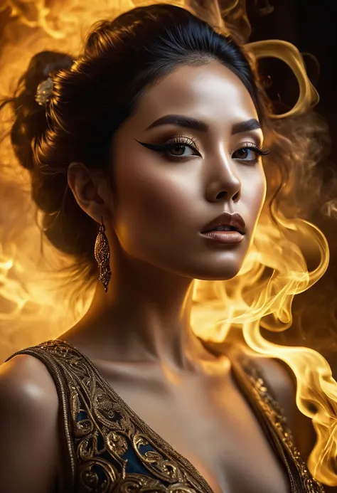 A majestic work of art, a woman, intricately detailed, with an intense, piercing gaze emanating from her singular, striking eye, set against a backdrop of ethereal, swirling golden smoke that appears to shift and undulate as if alive, illuminated by a cine...