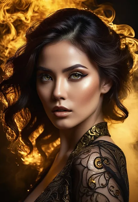 A majestic work of art, a woman, intricately detailed, with an intense, piercing gaze emanating from her singular, striking eye, set against a backdrop of ethereal, swirling golden smoke that appears to shift and undulate as if alive, illuminated by a cine...