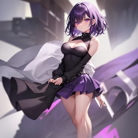 (one girl), (alone), (focus on girl), (black boy short hair, few purple strands, hair over one eye), (purple eyes), (white simple longsleeve top, cleavage cutout, Cold Shoulder), (black skirt, purple line, short skirt), (black knee-high socks, white high s...