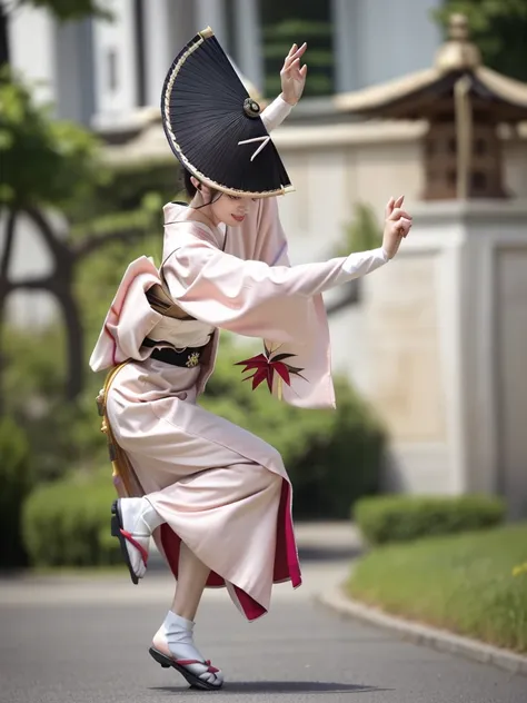 photo-realistic quality、a woman wearing a pale pink kimono and a hat is dancing on the grass in the park,white sleeves、 traditio...