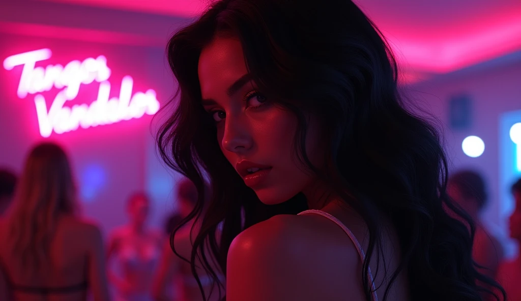 Sexy woman, sensual look, Profile, wavy black fur. Add a discreet pink neon sign that literally says tangos vandalos to the electronic party scene.