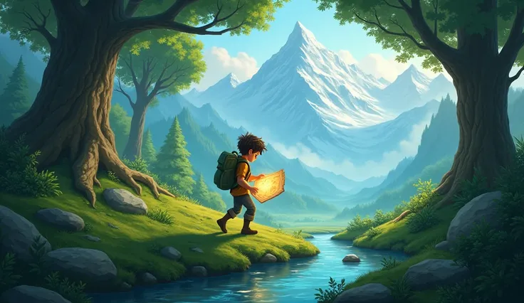 Milio walking through a vibrant forest with trees, streams, and misty mountains in the background. The magical map glows softly in his hand.