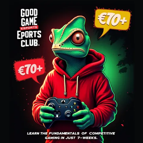 An advert for the GOOD GAME ESPORTS CLUB featuring a chameleon wearing a red hoodie holding an xbox controller. the colours should be black red and green the background should be vibrant and dynamic and text should include "GOOD GAME ESPORTS CLUB" "Ages 10...