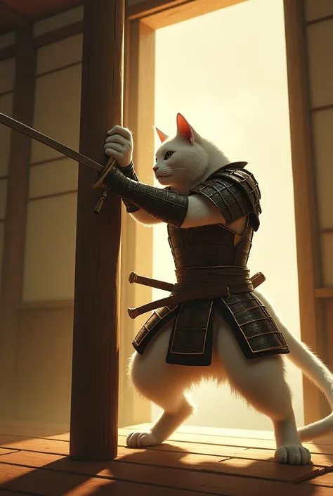 In a wooden floor room, there was a cat, the light was soft yellow. The tall white cat was muscular, toned, angry, wearing samurai armor, holding a sword and slashing at a large pillar.