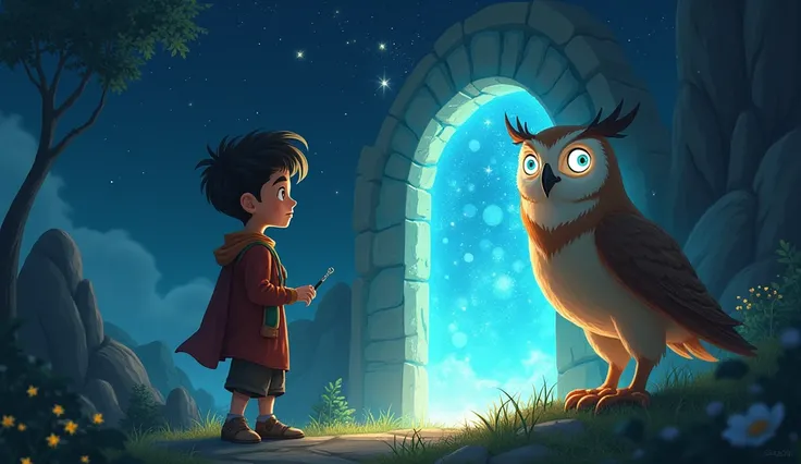 Milio listened carefully and solved the riddle. The owl, impressed, allowed him to pass through the enchanted gate to the starry realm.