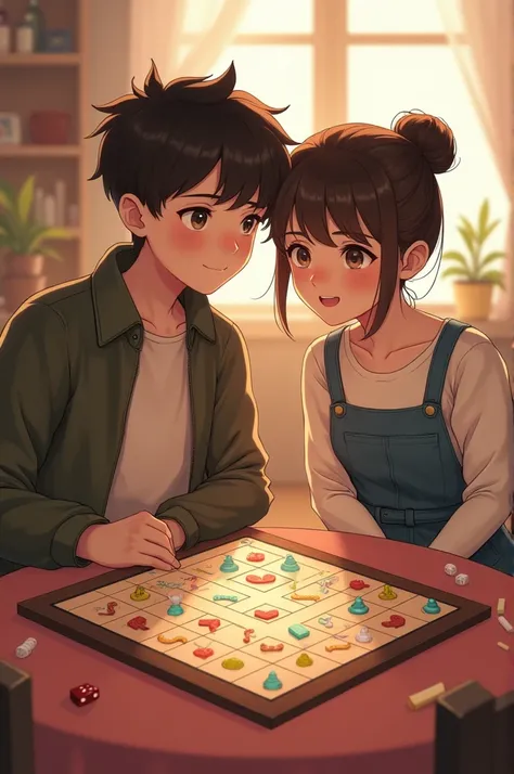 Couple, high school, (boy neat hair, wear jacket), (girl wear dress overall, hair cute bun), play snakes and ladders