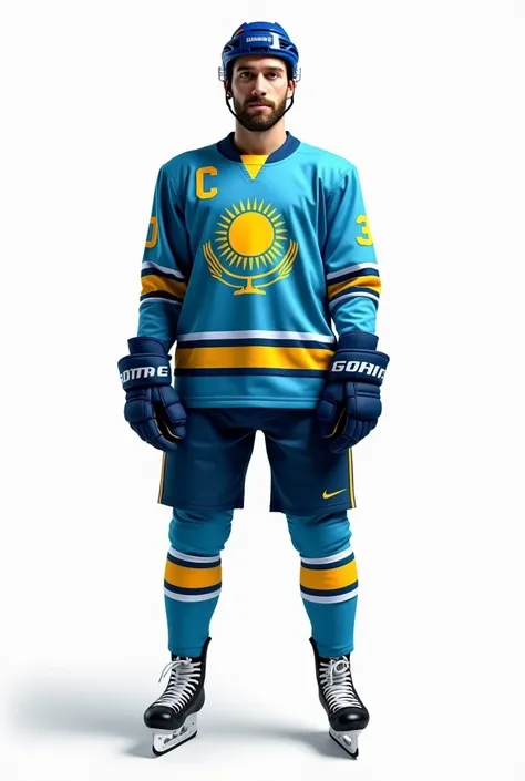 ((officially)) ((masterpiece)) ((Best quality)) ((detailed)) hockey player in uniform with emblem flag of Kazakhstan on white background