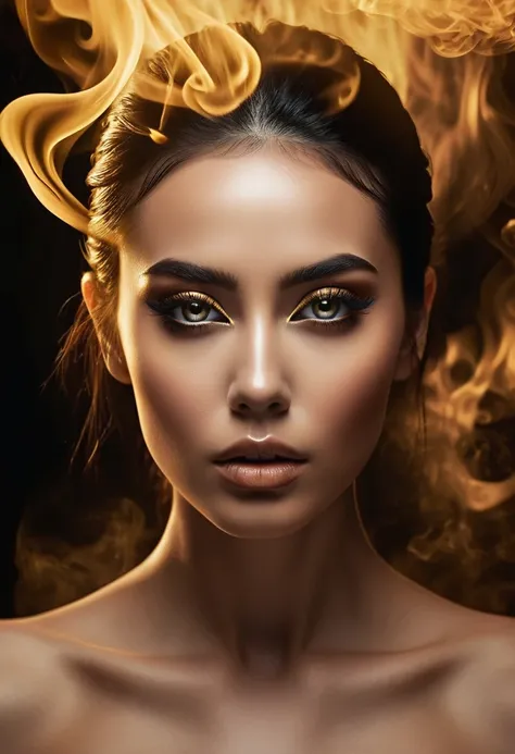 A majestic work of art, a woman, intricately detailed, with an intense, piercing gaze emanating from her singular, striking eye, set against a backdrop of ethereal, swirling golden smoke that appears to shift and undulate as if alive, illuminated by a cine...