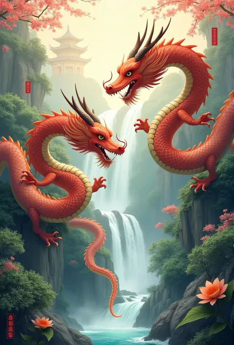 mythological creatures，（（Dragons in Chinese mythology）），Traditional Chinese elements，Ancient murals，Illustrative myths，Fuyao Legend，Dappled light，Hazy haze，mystical aura，tmasterpiece，k hd，Rich in color，Detailed details，Seven colors，Landscape waterfall