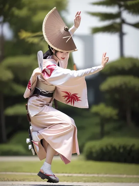 photo-realistic quality、a woman wearing a pale pink kimono and a hat is dancing on the grass in the park,white sleeves、 traditio...