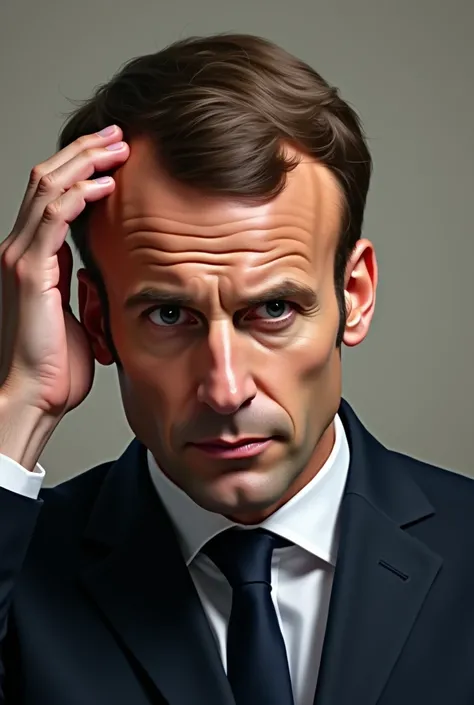 macron the president of pfrance scratches his head while thinking he is bothered