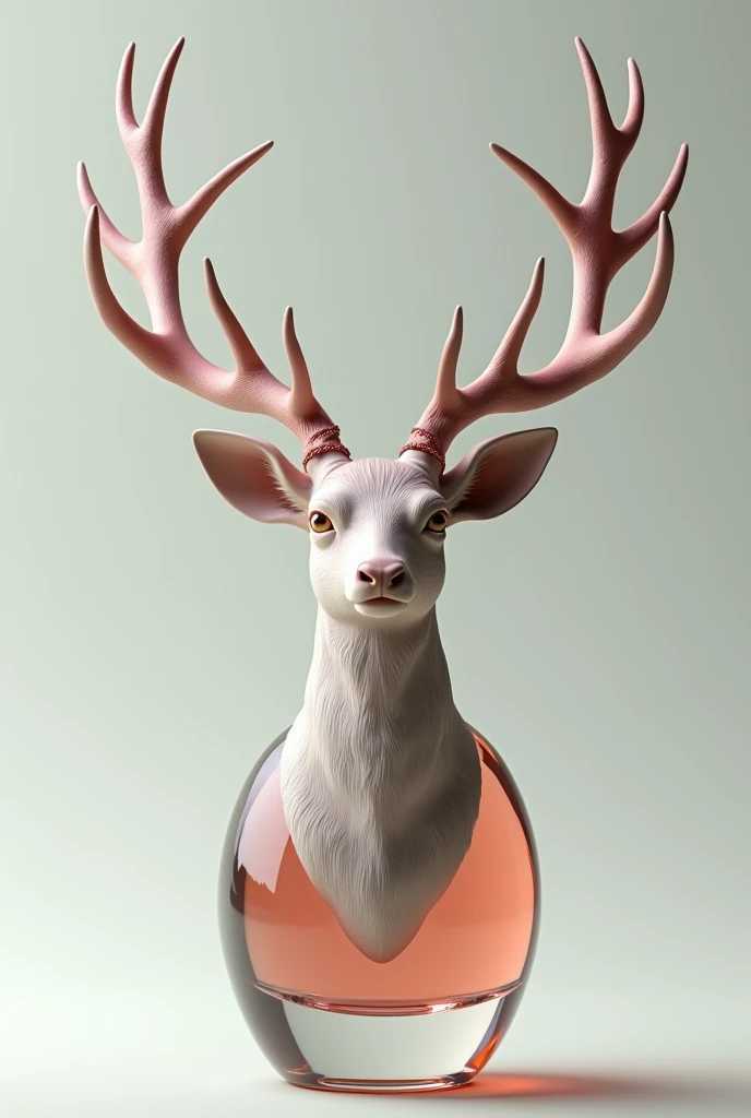 Perfume bottle with a deer head facing forward which forms the bottle The antlers are the stopper