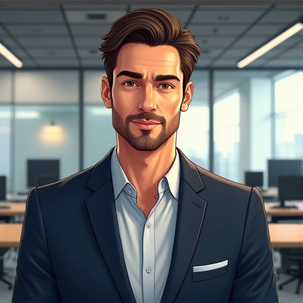 (photorealism:1.2), Handsome brown-haired dark man, brown eyes, no beard, square jaw, dressed in office suit, office background