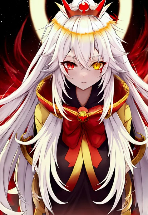 Anime girl, long hair, white hair, yellow front hair, red eyes, yellow eyes, heterochromia, black hood, wearing hood, sexy, hot, white coat, red shirt, red pants, looking at the viewer, human, crown, omnipotent, red stripes, red cross, symbols