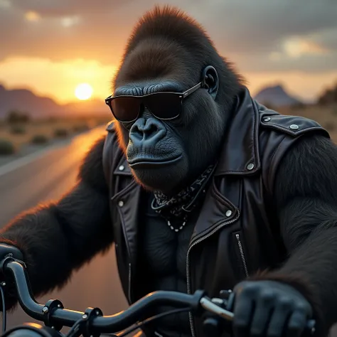 バイクに乗っているイケイケゴリラ: "A hyper-realistic close-up of a gorilla wearing black wraparound sunglasses, sitting on a motorcycle with a determined expression. The gorilla is dressed in a leather jacket with a bandana around its neck, giving off a rebellious, biker ...