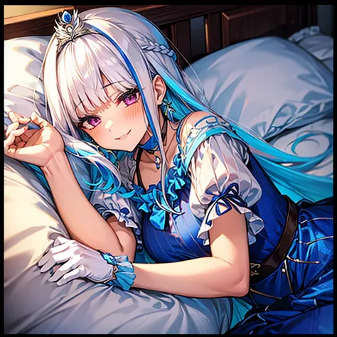 high quality,(ベッドにLying on your backに寝る:1.5), Lying on your back,outstretched arms, lh1, long hair, tiara, blue dress, jewelry, white gloves, earrings, choker, frills, braid, puffy short sleeves, A seductive smile, Shot from directly above,Blushing, smile,...