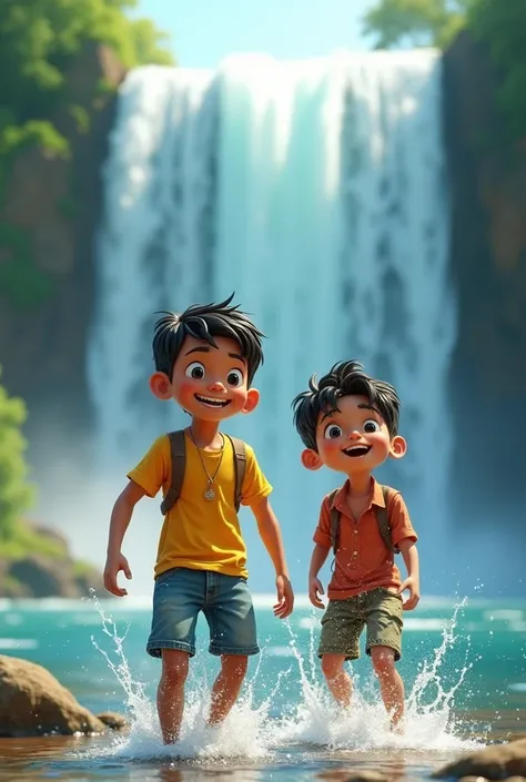 Describe image 3d "Two friends, Amit(boy) and rajesh, enjoying a beautiful waterfall. Amit is excited and laughing, while Rajesh is playfully splashing water. The scene includes a lush green landscape, a powerful waterfall, and the mist created by the fall...