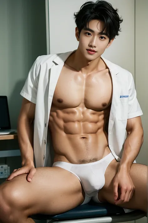 Crowded hospital, hospital display, sexy doctor In the middle of crowded hospital, Sweat dripping all over the body, in the sweat covering all over the body, inside the bussy hospital background, Full body photo, wearing eye glasses, wearing stethoscope in...