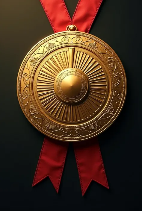 a gold medal like a shield,(((The word Aegis))) ,Shield of Goddess engraving, (Angle from the front), Medal ribbon