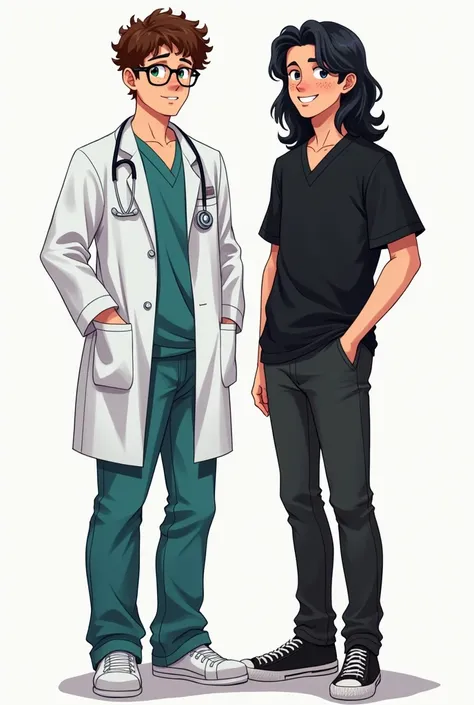 draw two guys standing next to each other, in the left the guy is about 62 tall has eye glasses and has brown curly hair, he wears pre-med clothes with stethoscope and has green eyes, the other guy beside him wears black clothes has long black hair and fre...