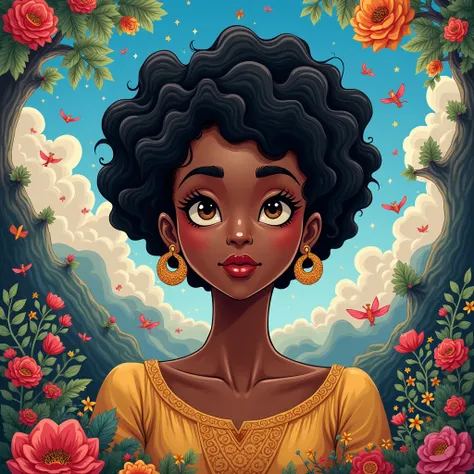 Animation design of a two-dimensional painting of a black mother with short black hair in a fantasy world 