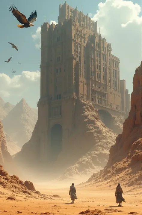 A big giant building in a plane deserted area covered with sand dust and rust with big mountains of sand and large eagles and vulture flying above 