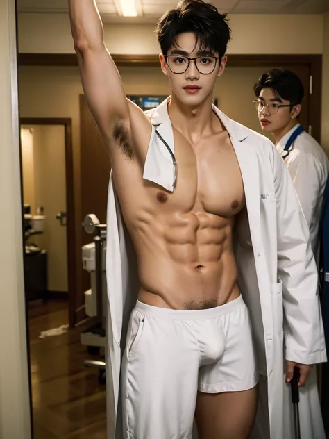 Crowded hospital, hospital display, sexy doctor In the middle of crowded hospital, Sweat dripping all over the body, in the sweat covering all over the body, inside the bussy hospital background, Full body photo, wearing eye glasses, wearing stethoscope in...