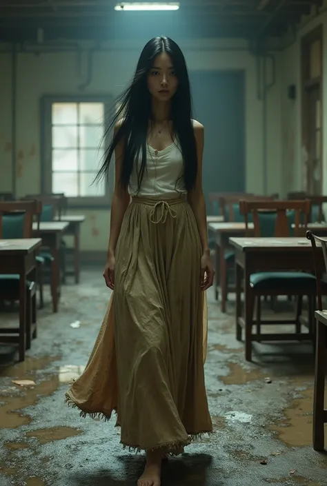 A beautiful lady, asian, Japanese,
Long hair,
Walking in old dirty conference room,
Wearing a dirty white camisole,
Wearing a dirty damaged black suede fabric long full skirt knee length edge burned,
The floor is wet and muddy,
whole body photo, full body ...