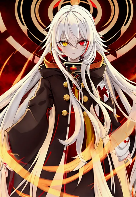 Anime girl, long hair, white hair, yellow front hair, red eyes, yellow eyes, heterochromia, black hood, wearing hood, sexy, hot, white coat, red shirt, red pants, looking at the viewer, human, crown, omnipotent, red stripes, red cross, symbols