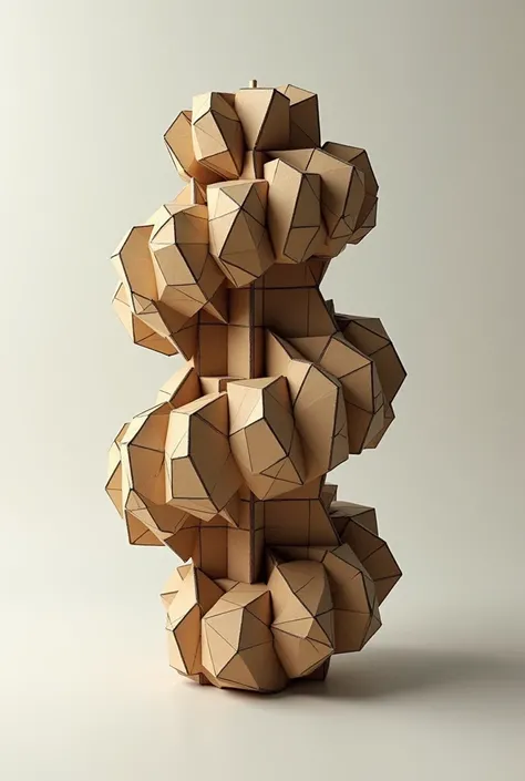 Make a spiral network with the root of 2 using the golden ratio. Combine this type of organization with a network of cuboctahedrons. The image has to have the style of a model made of cardboard and the main idea is a tensegrity.