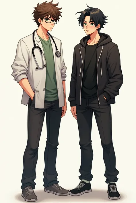 draw two guys standing next to each other, in the left the guy is about 62 tall has eye glasses and has brown curly hair, he wears pre-med clothes with stethoscope and has green eyes looks like a nonchalant guy, the other guy beside him wears black clothes...