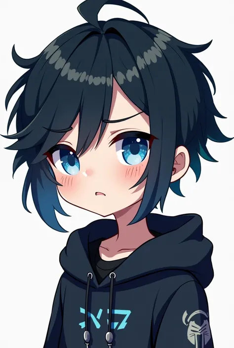 male,Black Hair, Asymmetrical bangs, Parting the bangs,Blue Eyes,Drooping eyes,,Black hoodie,smartphone,computer,Simple background,cool,Illness,Confused eyes,Distributor,crown,King,Chibi Character,mask