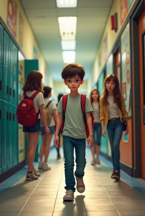 A boy walking down a school hallway, with other students watching him furtively while talking amongst themselves