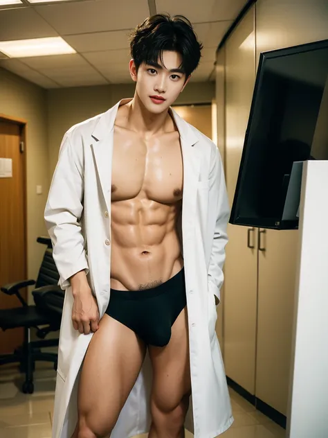 Crowded hospital, hospital display, sexy doctor In the middle of crowded hospital, Sweat dripping all over the body, in the sweat covering all over the body, inside the bussy hospital background, Full body photo, wearing eye glasses, wearing stethoscope in...