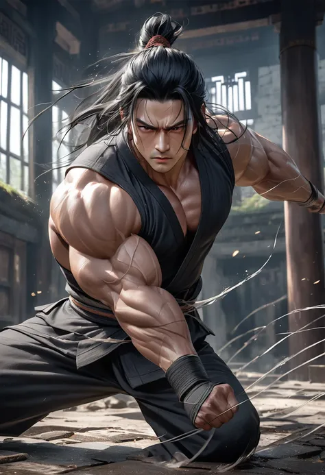 [Realistic], [cinematic], a muscular man doing dynamic movements. The face of the long black-haired figure looks gloomy and calm with a blank look in his eyes, and his body is depicted with dynamic flowing lines, depicting the movements and strength of the...