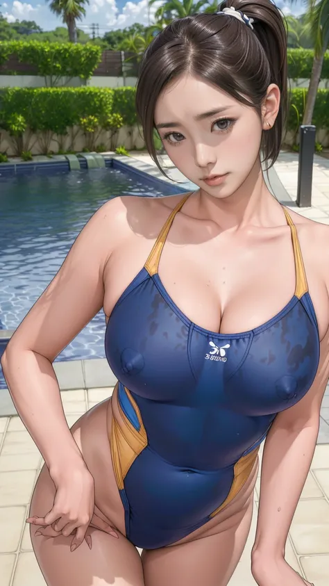 Highest quality, Official Art, masterpiece, Fabric Shading, High resolution, Very detailed, colorful, Best details, (Adult,30 years old, Mature Woman, conversion:1.5, Female dog, short hair, Brown Hair, side ponytail、Tired Hair, cow print swimsuit:1.5, Cen...