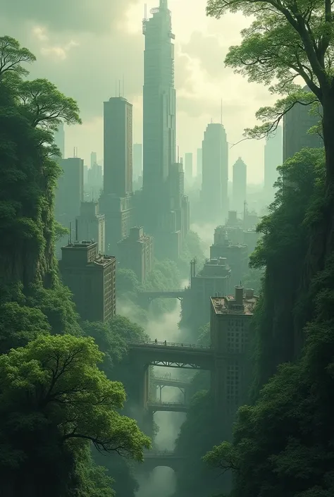 Big city covered with forest tress  and fogg smoke and rust clouds 