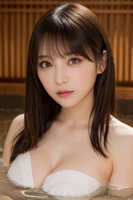 masterpiece, Best Quality, One girl, (a beauty Girl:1.3), (:1.3), Very fine eye definition, (Symmetrical eyes:1.3), (onsen), (nude, bath towel:1.2), beautiful breasts, Brown eyes, Parted bangs, Brown hair, (eyes and faces with detailed:1.1)