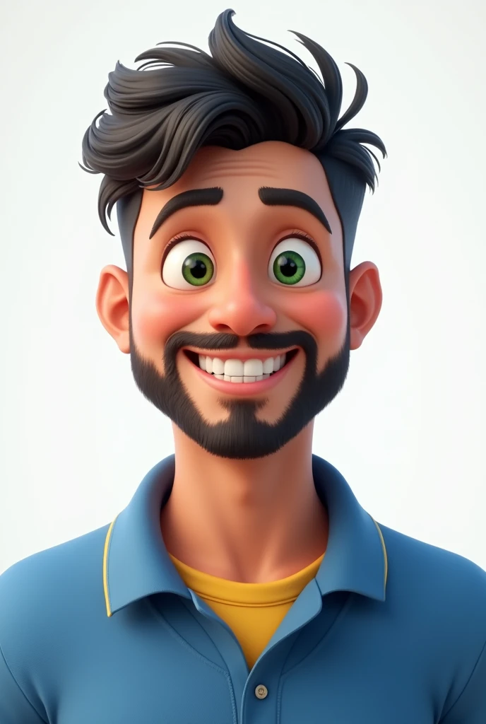 Young adult man green eyes, closed beard, very short black hair, smiling with only top teeth bow legs wearing blue polo shirt with yellow collar round lower face white 