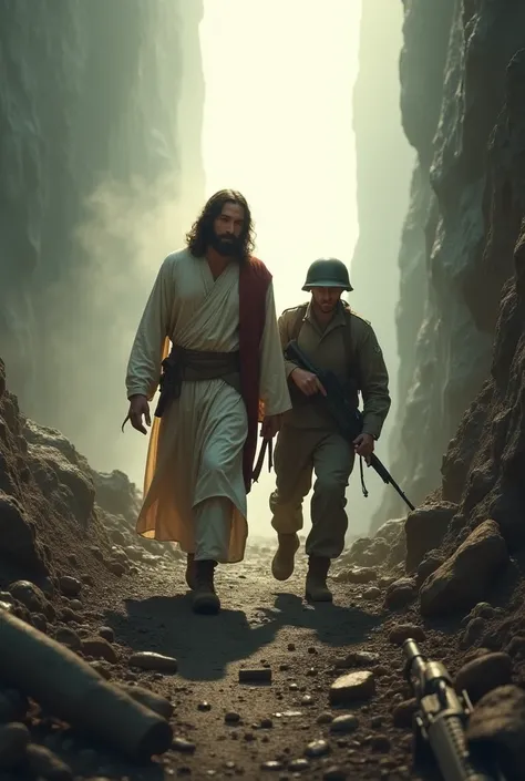 You could create Jesus Christ leading a military soldier down a narrow path with many obstacles and a bright light in the background., 
backwards 