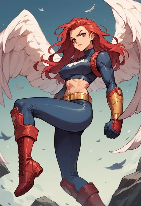 1girl, long red hair, white bird-wings, dark navy crop top, navy arm guards, gold belt, navy leggings, red high boots, justice