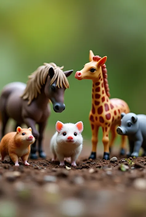 Heres a revised prompt without categories:
Imagine a collection of miniature animals, each one a marvel of nature. A tiny highland horse, a pink-nosed piglet, a graceful miniature giraffe, a fluffy hamster, and a miniature elephant, all captured in stunnin...