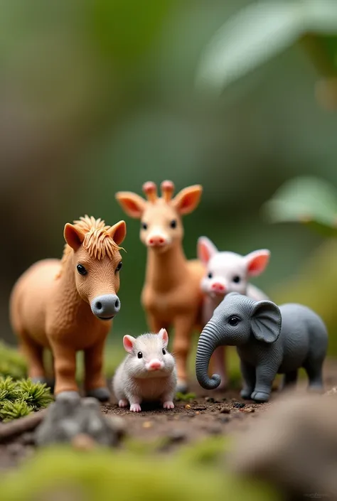 Heres a revised prompt without categories:
Imagine a collection of miniature animals, each one a marvel of nature. A tiny highland horse, a pink-nosed piglet, a graceful miniature giraffe, a fluffy hamster, and a miniature elephant, all captured in stunnin...