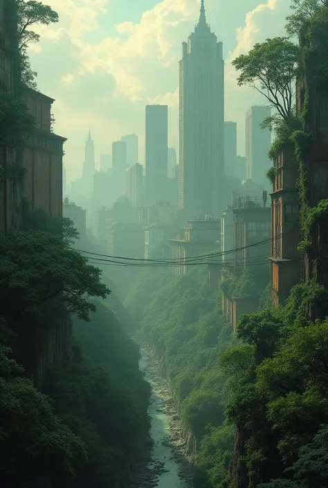 Big city covered with forest tress  and fogg smoke and rust clouds 