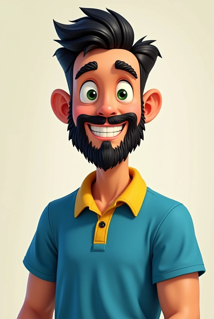 Young adult man green eyes, closed beard, very short black hair, smiling with only top teeth bow-legged wearing blue polo shirt with yellow collar round face shorter white stout 