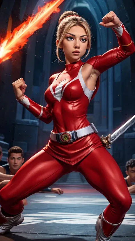 Ester Exposito red power rangers, fighting pose holding a sword