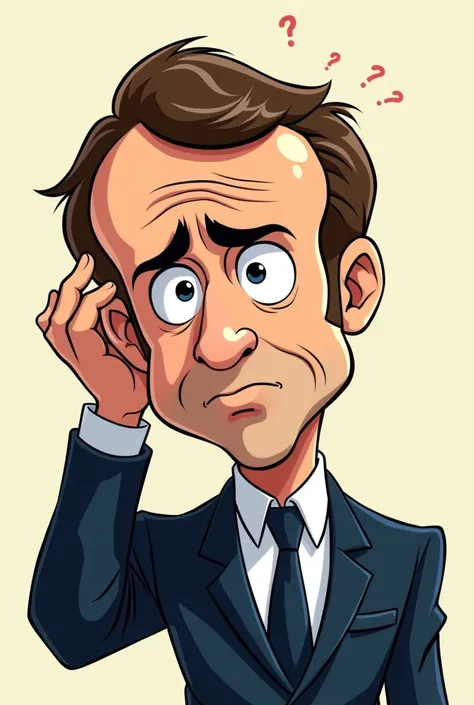 A 1990s Japanese cartoon style caricature of Macron the President of France scratching his head in thought he is panicked