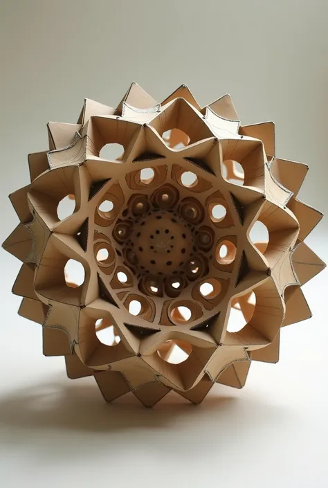 Make a spiral network with the root of 2 using the golden ratio. Combine that type of organization with a network of cuboctahedrons. The image has to have the style of a model made of cardboard and the main idea is a tensegrity. Make it have some holes so ...