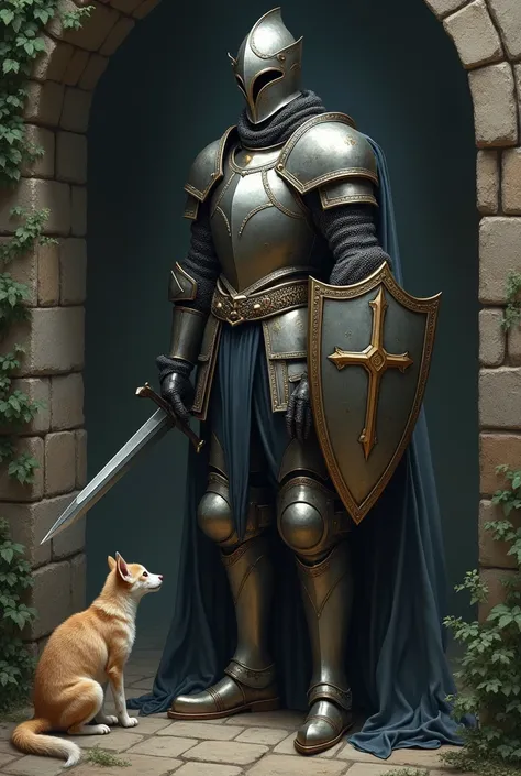 Knight with sword and shield protects stray dog and cat