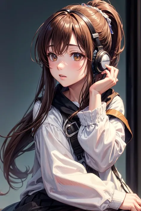 One person, solo, High resolution, Long Hair, Simple Background, Close your mouth, Impressionism, masterpiece, headphone、Listening to music、Brown Hair, ponytail, 